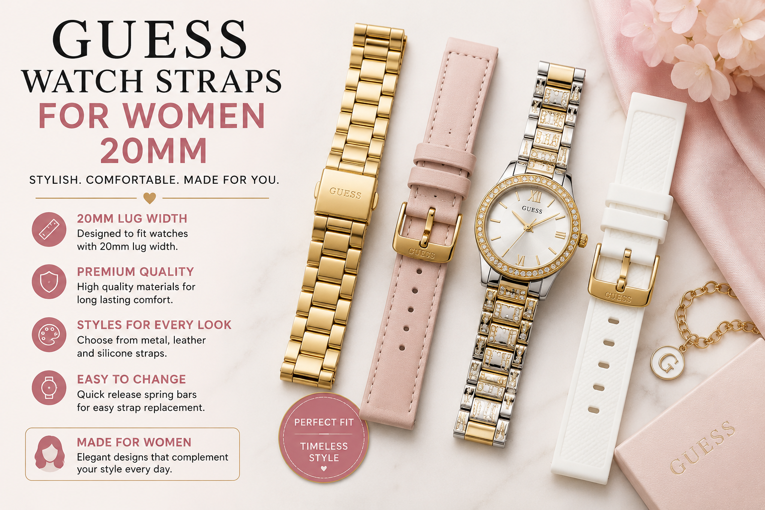 Guess watch straps for women 20mm in gold metal, pink leather and white silicone styles for replacement and everyday wear.