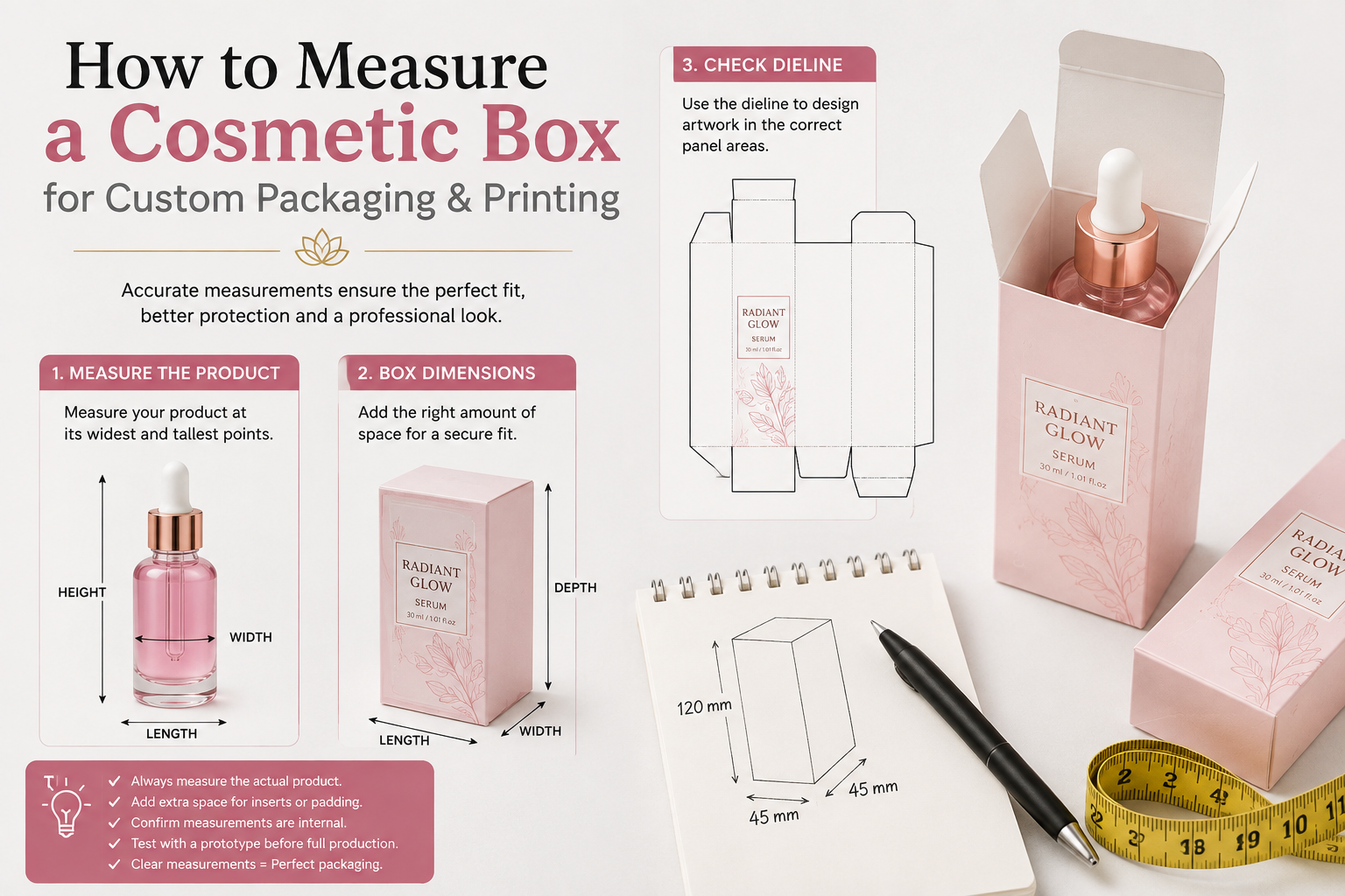 Cosmetic box measurement example showing product dimensions, box length, width and depth, packaging dieline and measuring tape for custom printing.