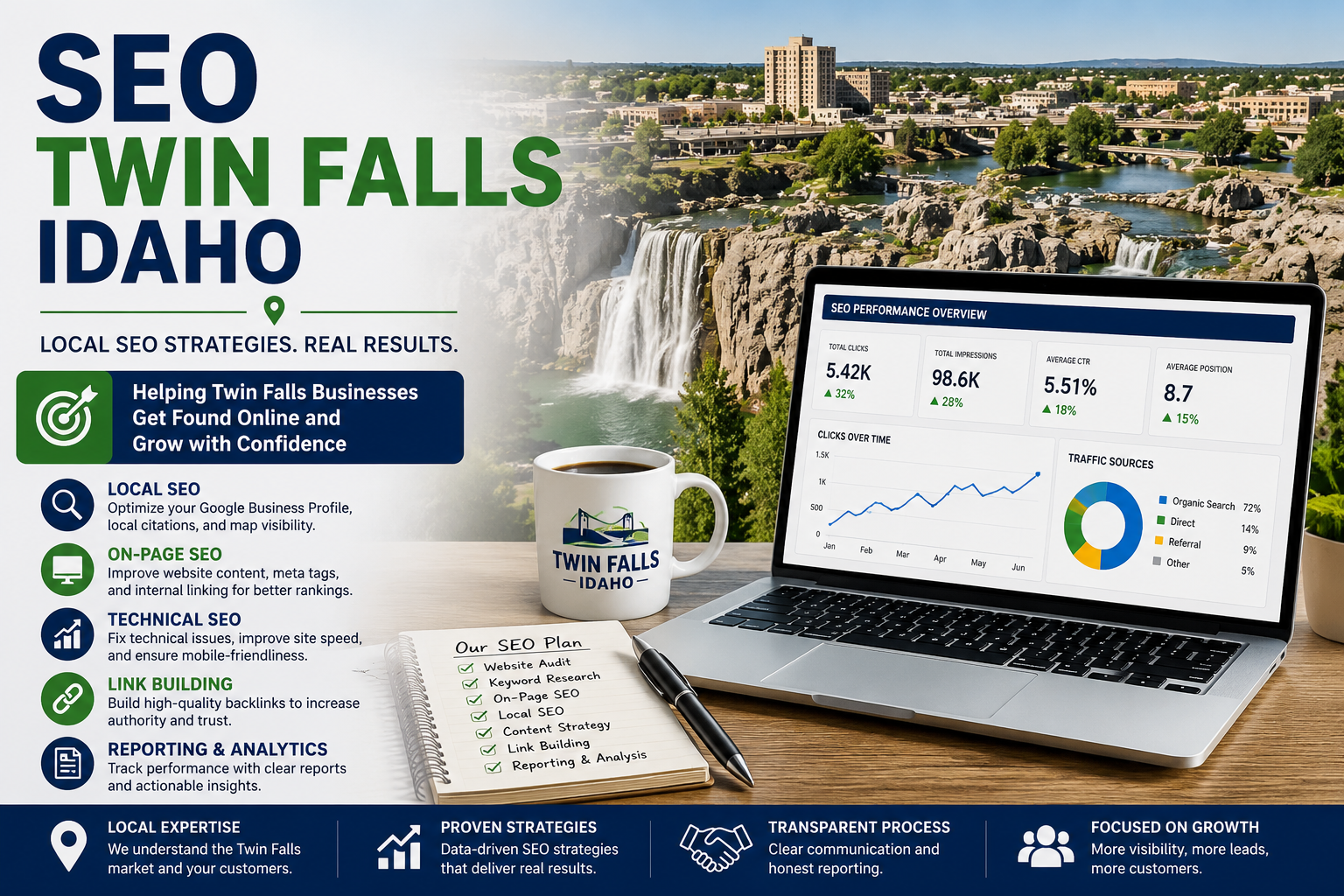 SEO Twin Falls Idaho services featuring local SEO, technical SEO, on page optimization, link building and analytics for local businesses.