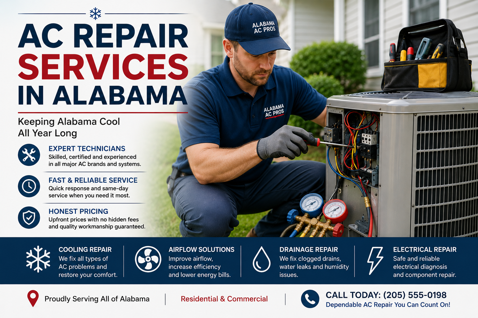 AC repair technician in Alabama servicing an outdoor air conditioning unit for residential cooling and HVAC repair.