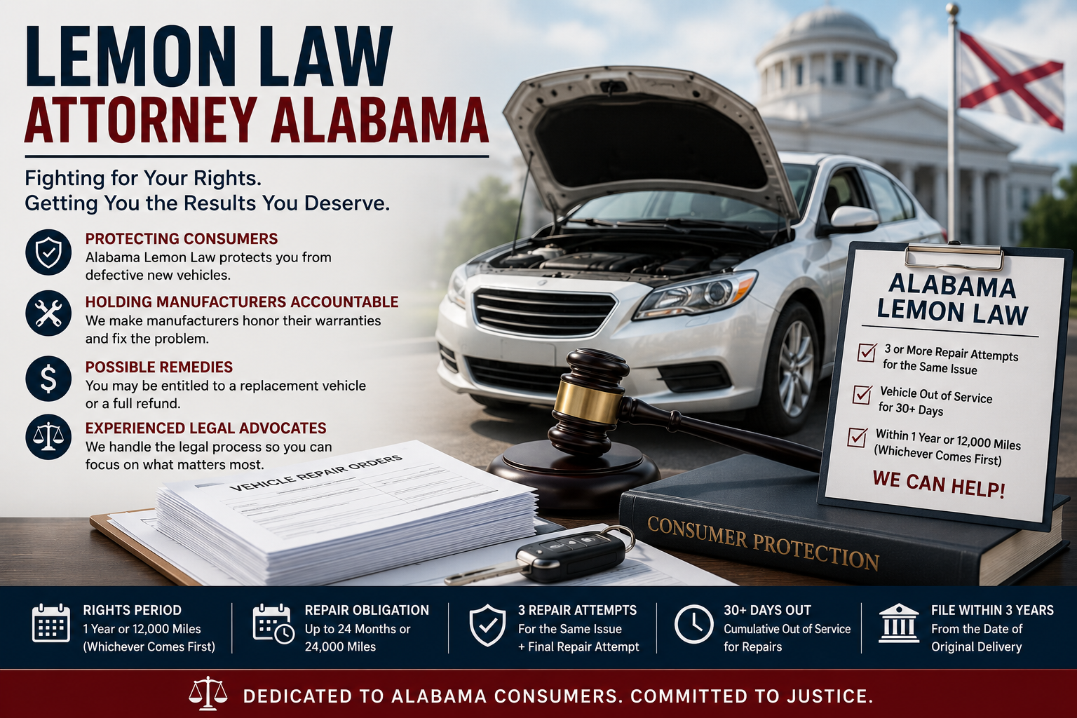 Lemon Law attorney Alabama legal assistance for defective new vehicles, repeated repair attempts and consumer protection claims.