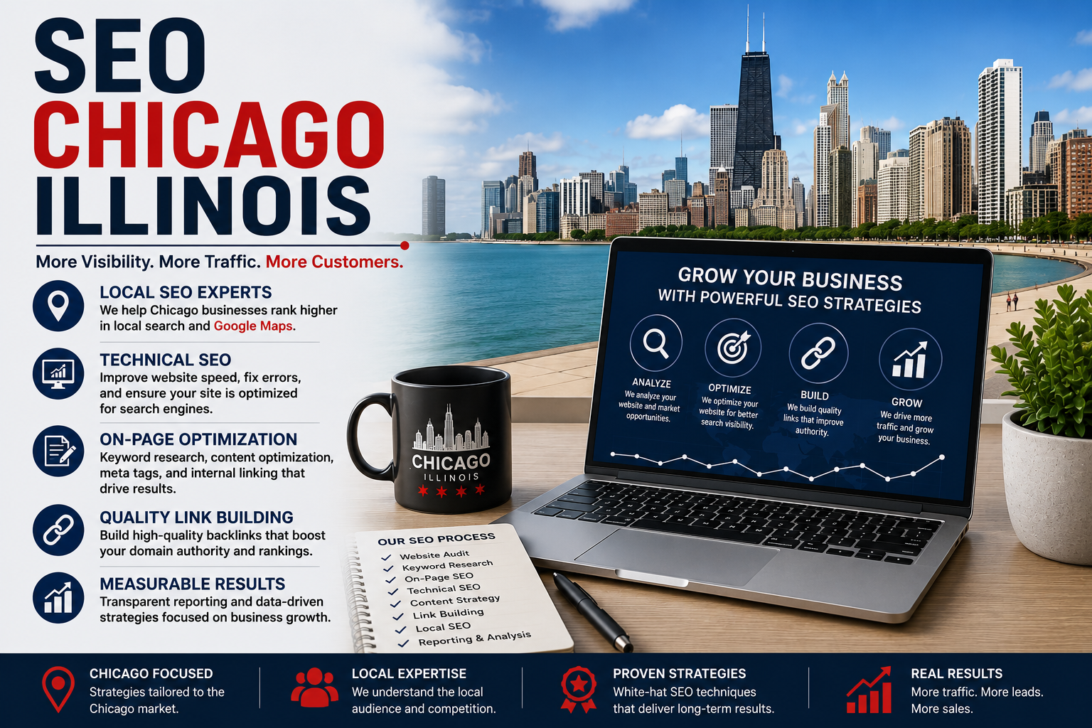 SEO Chicago Illinois services for local businesses including technical SEO, on page optimization, local SEO and link building.