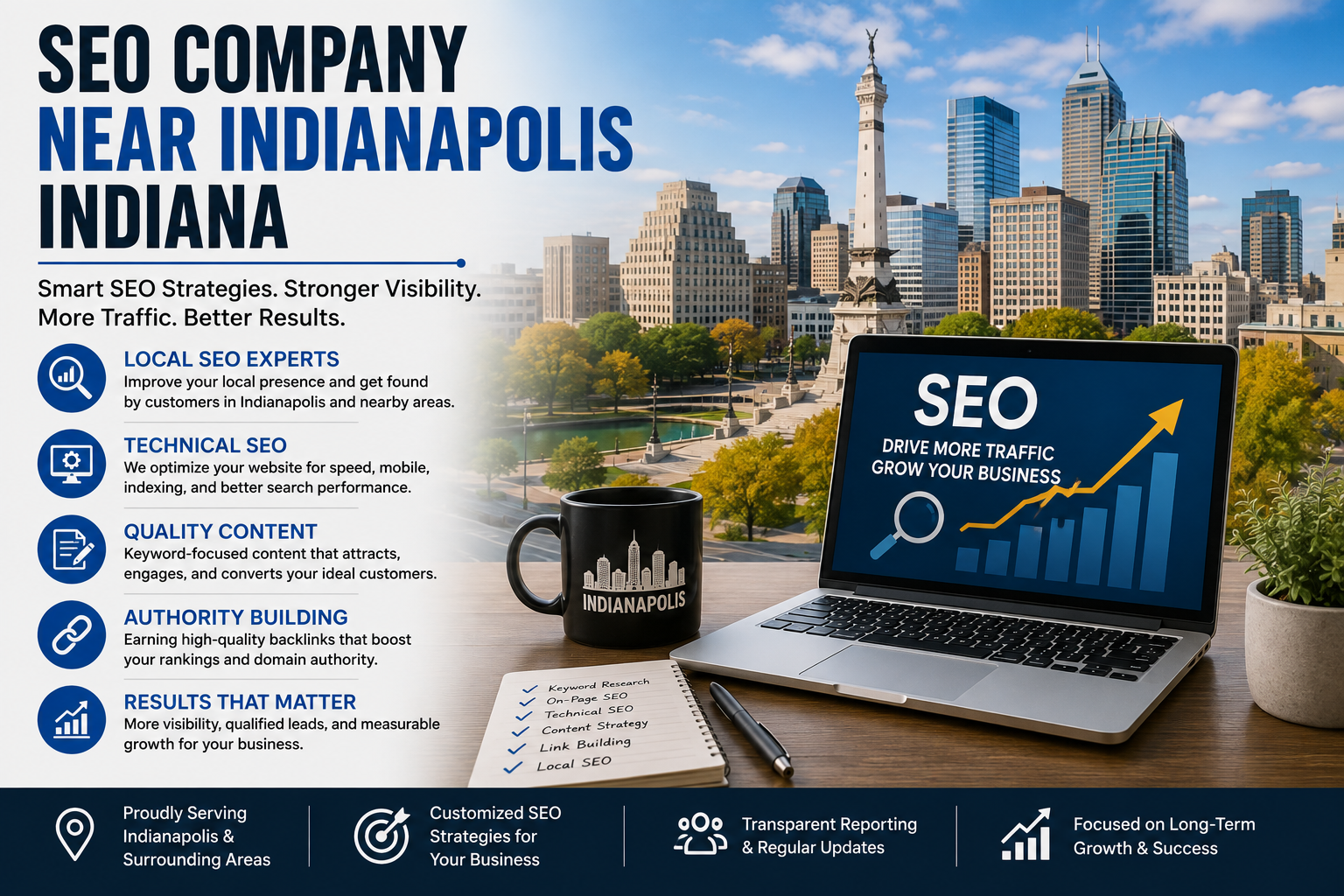 SEO company near Indianapolis Indiana providing local SEO, technical SEO, content optimization and link building services for businesses.
