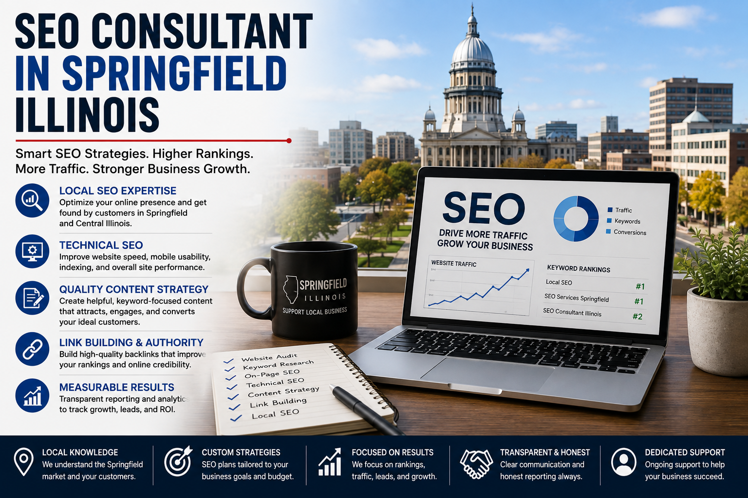 SEO consultant in Springfield Illinois providing local SEO, technical SEO, content strategy, link building and website optimization services.