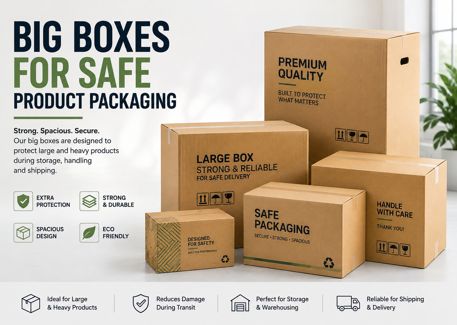 Big corrugated boxes for safe product packaging, storage, handling and shipping