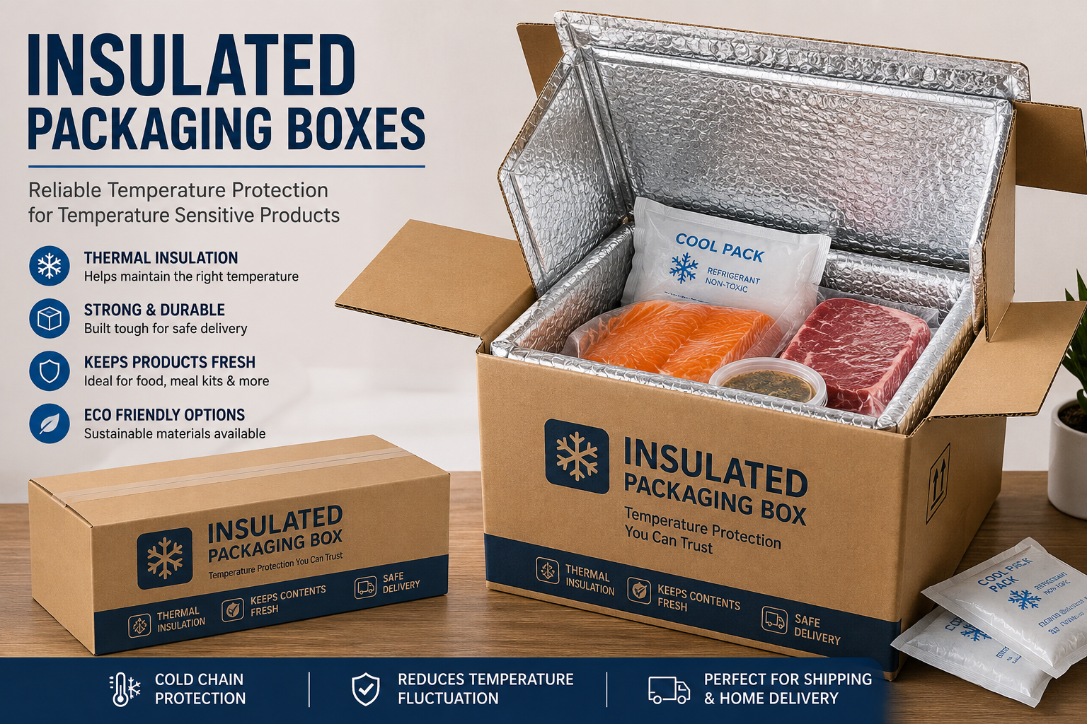 Insulated packaging boxes with thermal liners and cold packs for temperature sensitive food storage and shipping.