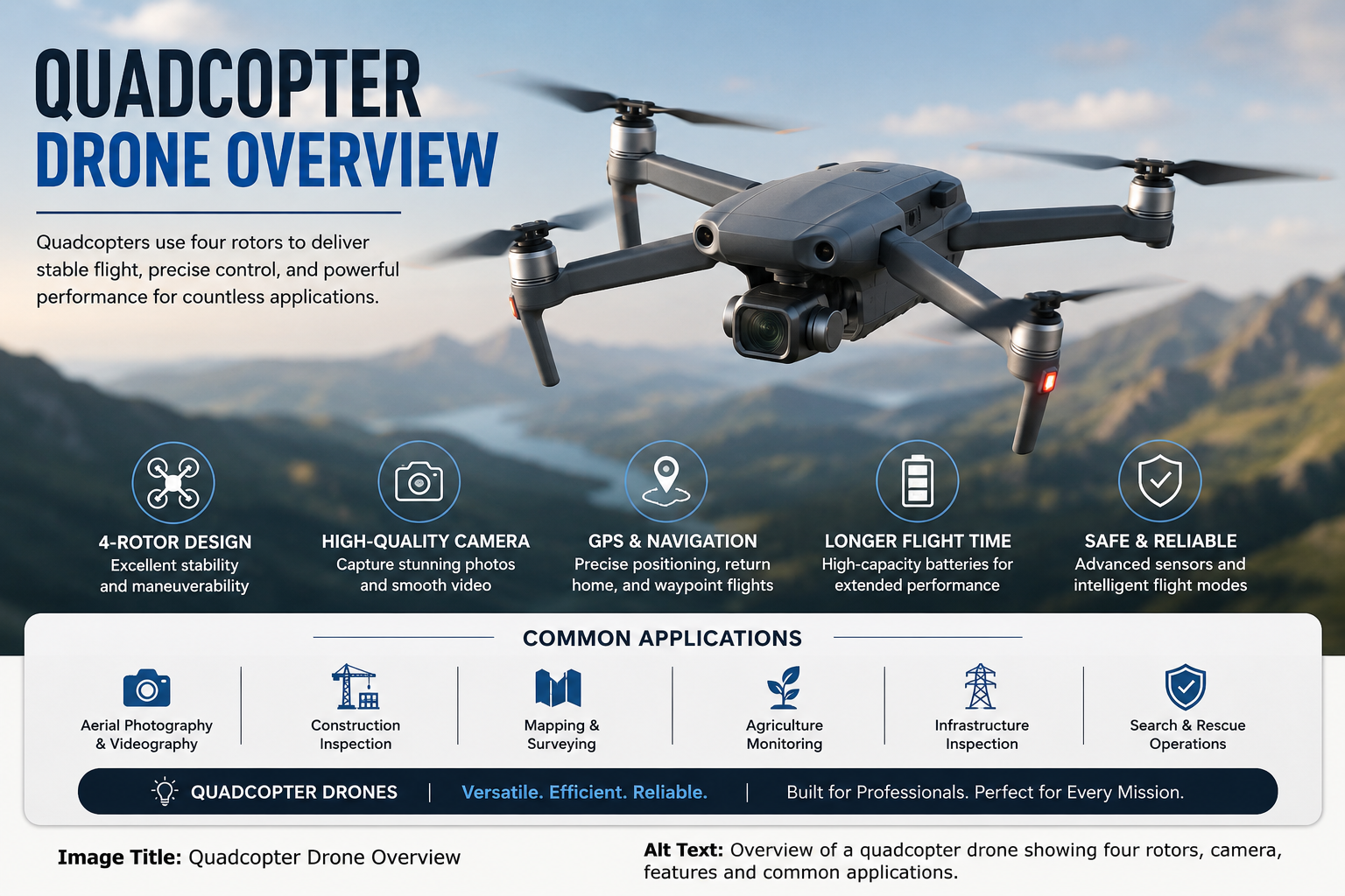 Quadcopter drone with four rotors and camera showing GPS navigation, aerial photography, mapping, inspection and agriculture applications.