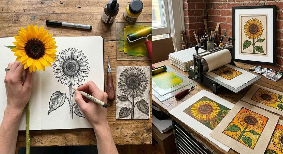 Sunflower Drawing Through Art, Printing, and AI